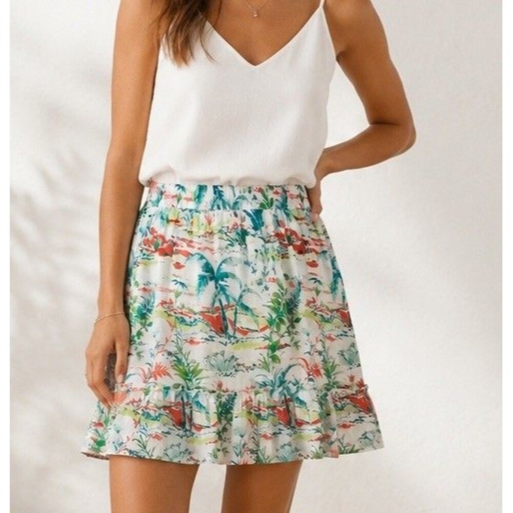 NEW NWT Sigrid Olsen Skirt Women’s L Tropical Print Cotton Ruffle Hem Vacation